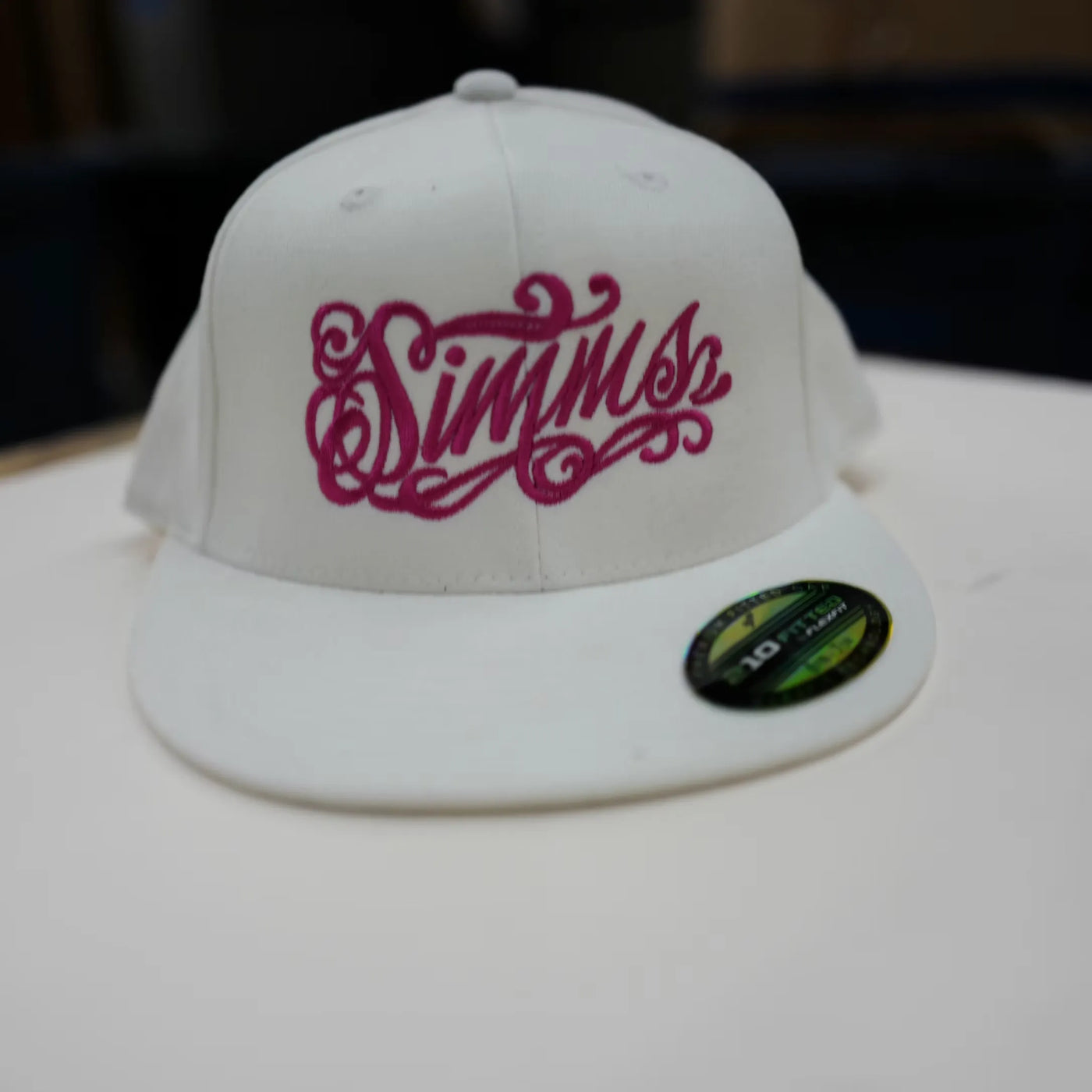 eW - SIMMS Cursive Pink Logo Hat -White